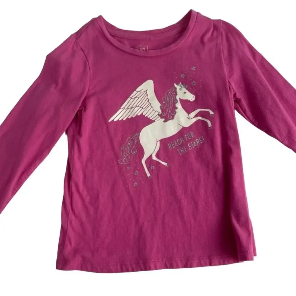 Gap Long Sleeve Pink Glitter Graphic T Shirt Pegasus Horse Girls 5